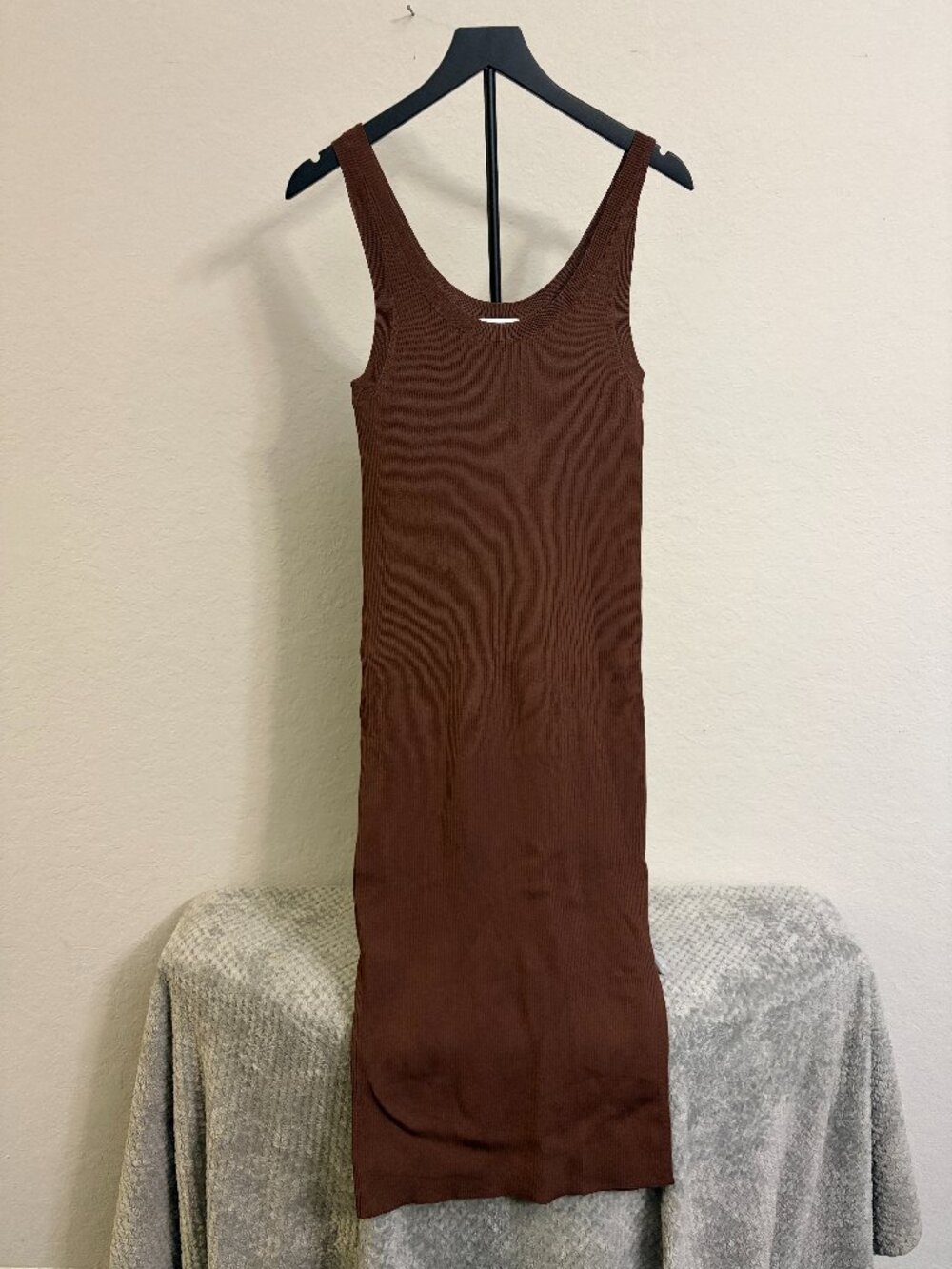 The Drop Brown Ribbed Knit Sleeveless Midi Tank Dress